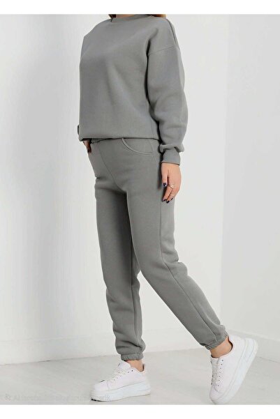 f.kereci 3 Thread Crew Neck Women's Tracksuit Set Anthracite Comfortable Casual