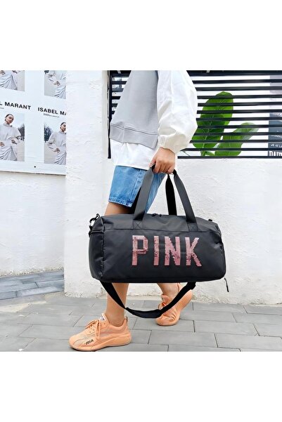 DOMEET حقيبة دافل كبيرة الحجم مطبوعة بالترتر باللون الأسود/الوردي