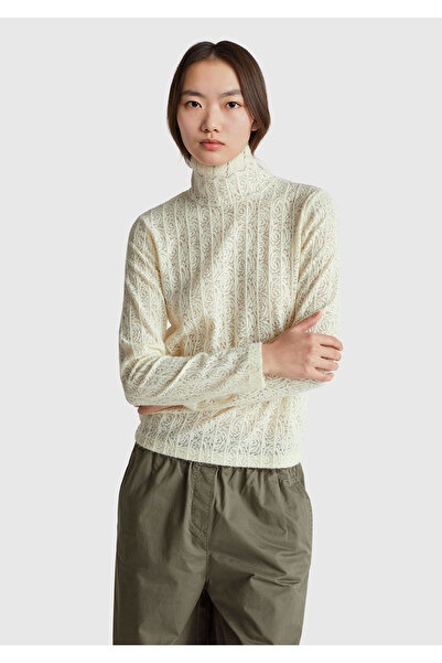 United Colors of Benetton Women's Cream Patterned Mock Neck Blouse