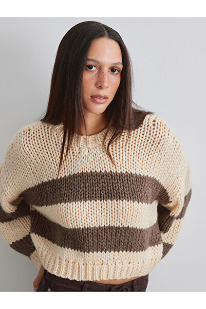 LC Waikiki Pulover de tricotat pentru femei, în amestec de lână, cu dungi maro