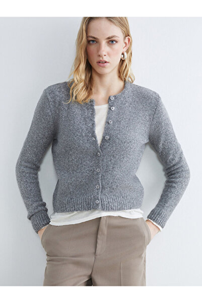 LC Waikiki Gray Crew Neck Wool Blend Women's Knitwear Cardigan