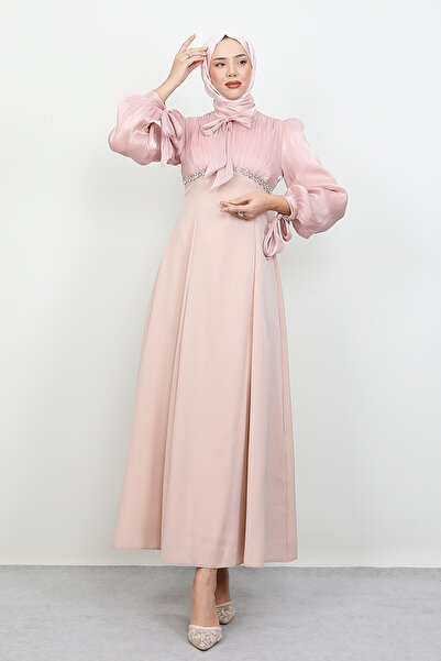 Lamia Giyim Tanyeli Taş Detay Abiye Pudra