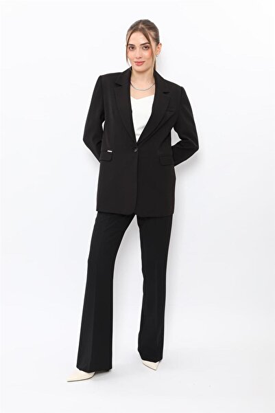 ÖNDER ÖZSOY Erkek Yaka Oversize Ceket & Kemerli İspanyol Paça Pantolon-Siyah