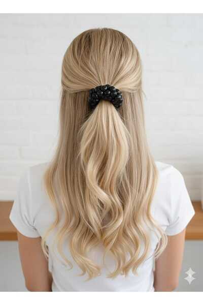 Esram Butik Siyah Boncuklu Lüx Lastik Toka