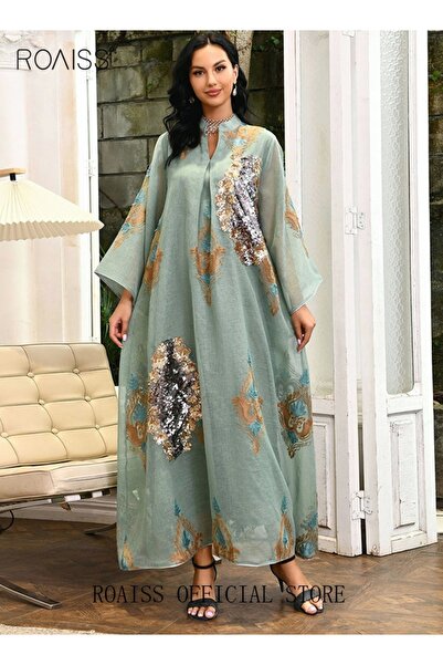 ROAISS فستان رمضاني نسائي مسلم مزين بالترتر والشبك، عباية طويلة من دبي، رداء ...