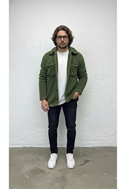 Fifty Color Bărbați, kaki, cu nasturi, detaliu buzunar, pluș sherpa, guler de blană, texturat, cămașă, jachetă