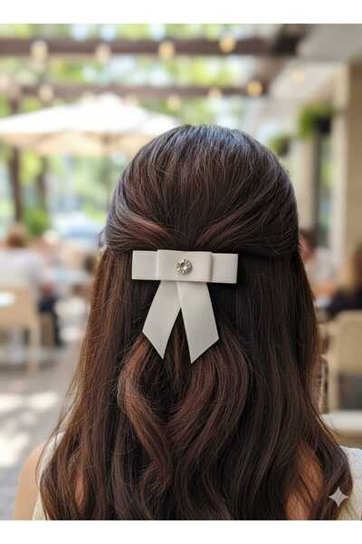 Esram Butik Ekru Saten Fiyonk Toka, Taş Detay Klipsli Toka