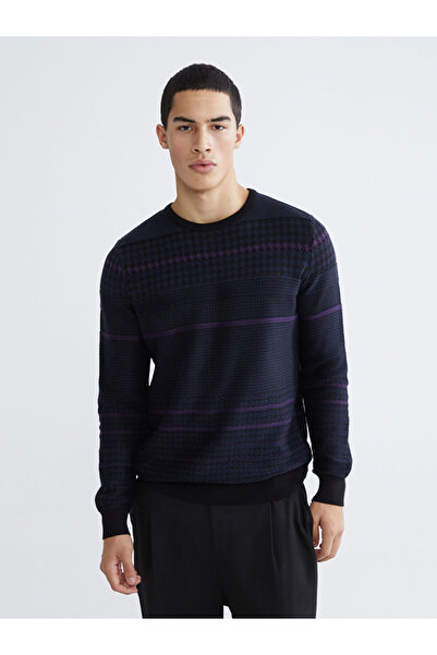 LC Waikiki Black Crew Neck Striped Men's Knitwear Sweater