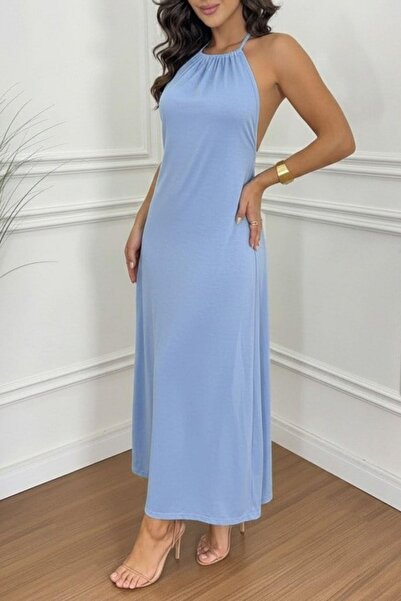 Mossta Halter Neck Backless Viscose Dress - Blue
