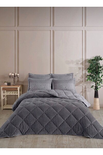 Bella Home Double Jacquard Sleeping Set - Wellsoft Quilt - 4 Pieces - Anthracite with Original Pvc Bag