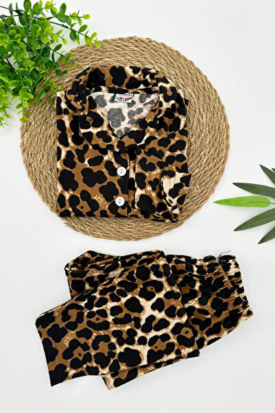 zahider Детски памучен комплект пижама с леопардов принт и копчета от велур з...