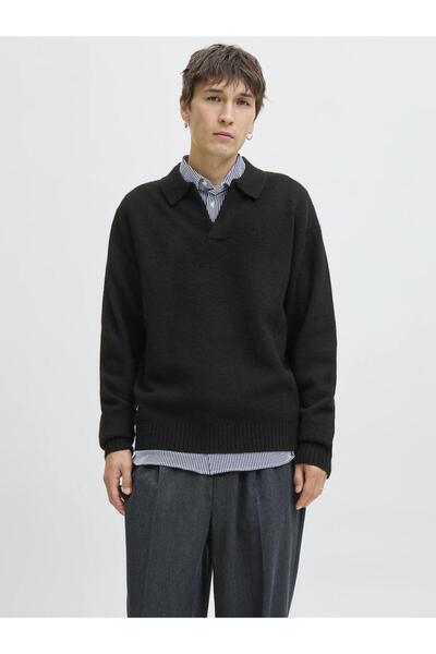 Jack & Jones Model de pulover negru pentru bărbați: (12279214) Jjsoho Ollie Knit Split Neck Ln