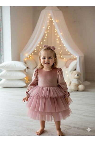 penu baby kids Rochie pentru fetiță din catifea cu mâneci lungi și fustă cu v...