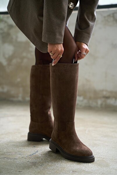 kalyoncu moda Cole Gerçek Deri Kahve Renkli Süet Kadın Diz Altı Çizme