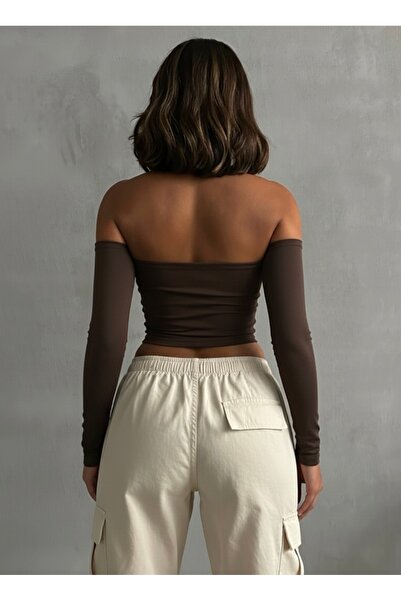 The Base Kadın Kahverengi Scuba Straplez Crop Top