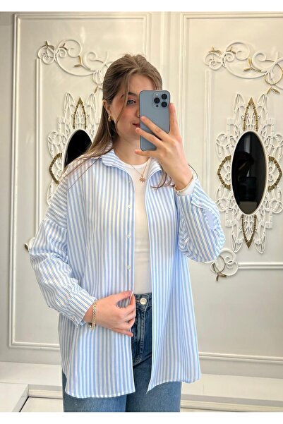 TesetturHome Kadın Keten Mavi Çizgili Oversize Gömlek