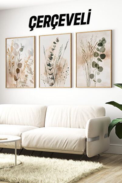 kutuTR 3’lü MDF Tablo Seti – Bej Tonlarda Minimal Botanik ve Okaliptüs – 2D U...