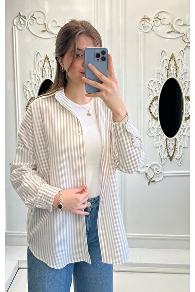 TesetturHome Kadın Vizon Çizgili Oversize Gömlek