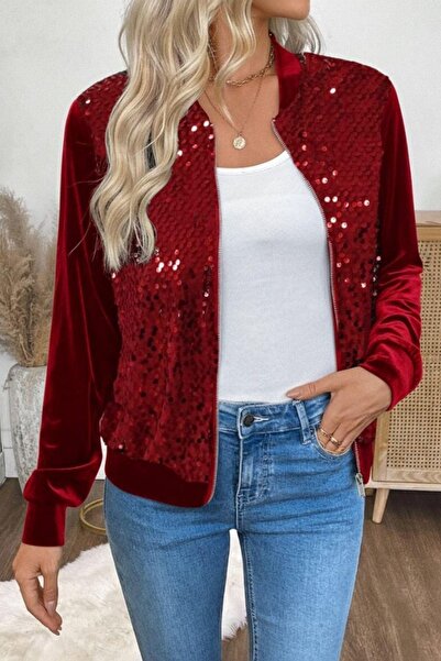 Mossta Zippered Sequined Velvet Jacket - Red
