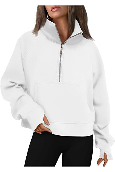 NO BRAND سويت شيرت نسائي قصير، بغطاء رأس، بسحاب، مبطن بالصوف، سميك، مع