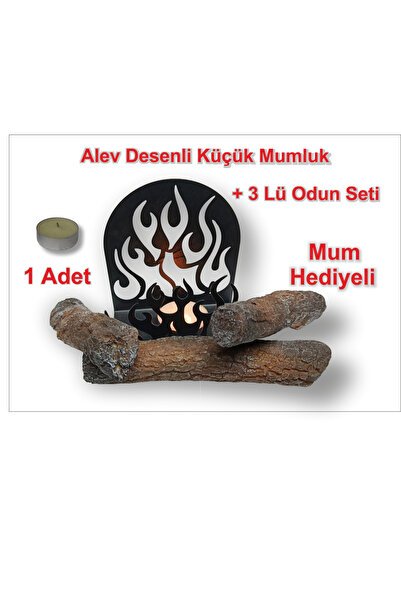 onart şömine Alevli Mumluk ve 3'lü Gerçekçi Odun Şömine Dekor Seti