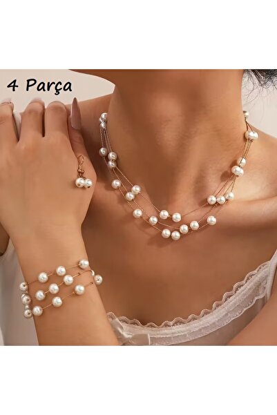 NeednStore 4 Parça İnci Seti - Yılan Zincirli 8mm İnci Detaylı Kolye Küpe Bil...