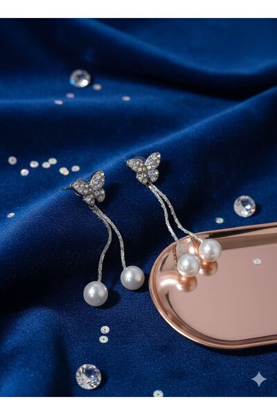 Shiklik Long Pearl Dangle Women's Earrings with Zircon Stone and Butterfly Fi...