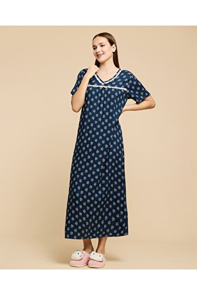 R&B Printed Nightdress With V-Neck And Short Sleeves