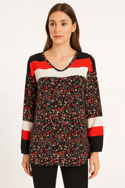 Nuevo Bluză de damă din țesătură creponată, neagră, cu imprimeu floral și blo...