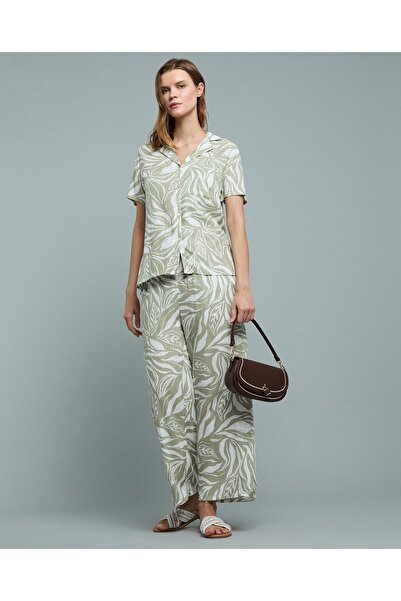 R&B بنطال أرجل واسعة من الكتان المنقوش مع رباط عند الخصر