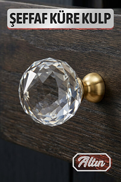 Badem10 Şeffaf Kristal Görünümlü Altın Saplı Düğme Kulp Çekmece Dolap Mobilya...