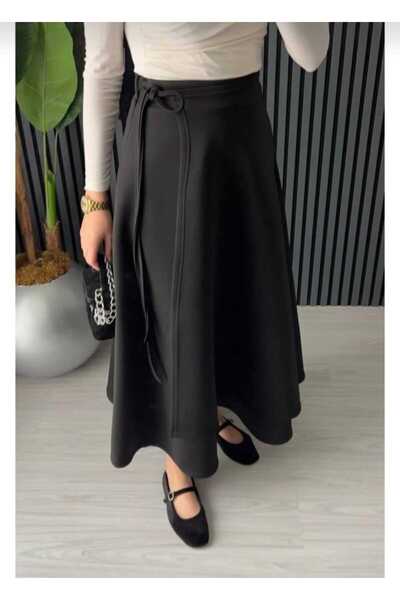 ECK MODA Women's Scuba Fabric Side Tie Stretch Fabric Flexible Waist Elastic Flared Skirt