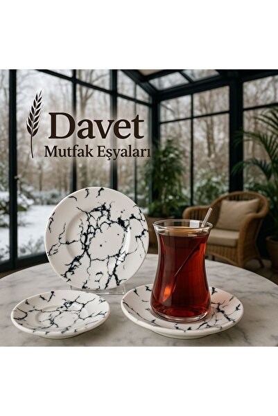 Davet 12 Parça Çay Seti Mermer Desen - 12 Parça Çay Seti - 6 Porselen Tabak 6...