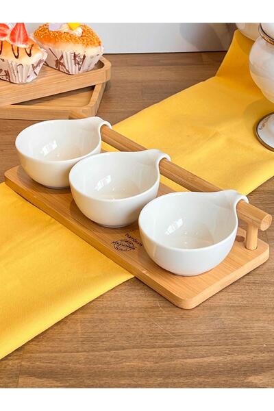 ROSSEV Porcelain Bowl Presentation Set with Bamboo Stand 4 Pieces