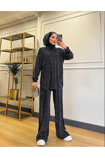 MODİVA MİX Kadın Siyah Şık Taşlı Parlak Takım - Tesettüre de Uygun