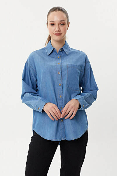 Twister Jeans BG 815-01 Middle Blue Tek Cep Rahat Kesim Kadın Kot Gömlek Mavi