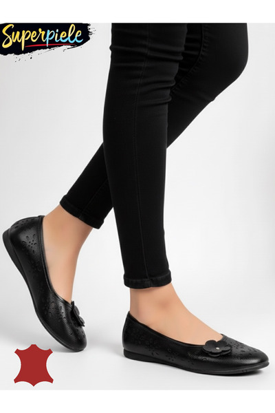 ANGEL BLUE Balerine negre din piele cu model perforat și floare aplicată