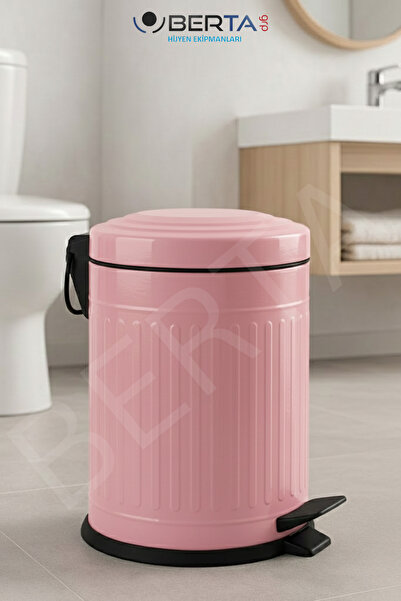 Berta Hijyen Vintage Pembe Çöp Kovası Amortisörlü Kapak Çizgili Lüks Model 5lt