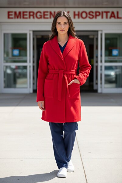 DEMOTEKS Unisex medical gown made of fleece, with pockets and drawstring at the waist, red color