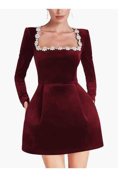 MODAS KARE YAKA TAŞ DETAYLI MİNİ KADİFE ELBİSE
