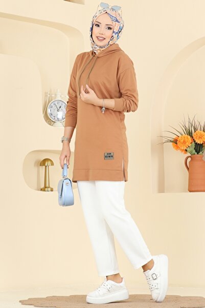 ModaMerve Arma Detay Kapüşonlu Tunik 1000ETT926-MS Latte