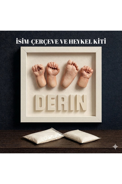 Handartmill İsme Özel Çerçeveli | Ten Rengi Boya | 2 El 2 Ayak Bebek Heykel Yapım Seti (3D Hatıra Kalıbı)