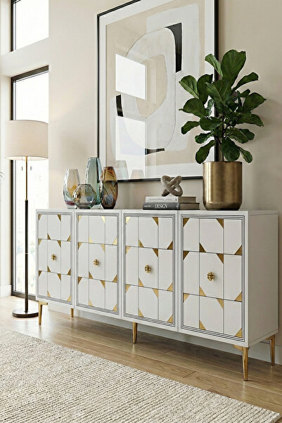 CENEYRA KA1523BG MOKA150 KONSOL, TV SEHPASI ve KAHVE KÖŞESİ BEYAZ-GOLD 150cm