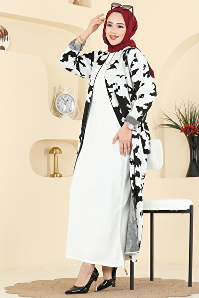 ModaMerve Desen Detaylı Elbiseli Takım 2768AYD574-MS Ekru