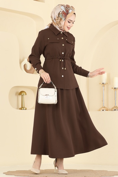 ModaMerve Beli Tünelli Etekli Takım PL9187-MS Kahve