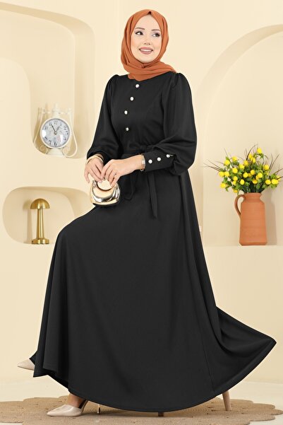 ModaMerve Aksesuar Düğme Detaylı Elbise 24007UKB139-MS Siyah