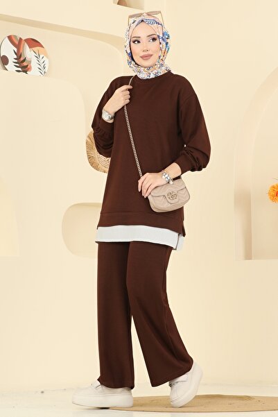 ModaMerve Çizgi Detaylı Modal Takım 3246HBS856-MS Kahve