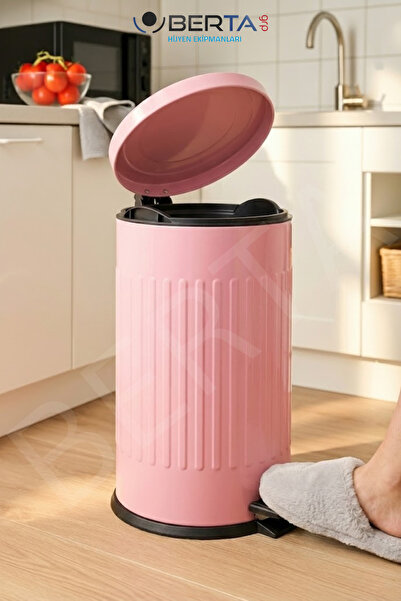 Berta Hijyen Vintage Pembe Çöp Kovası Amortisörlü Kapak Çizgili Lüks Model 16lt