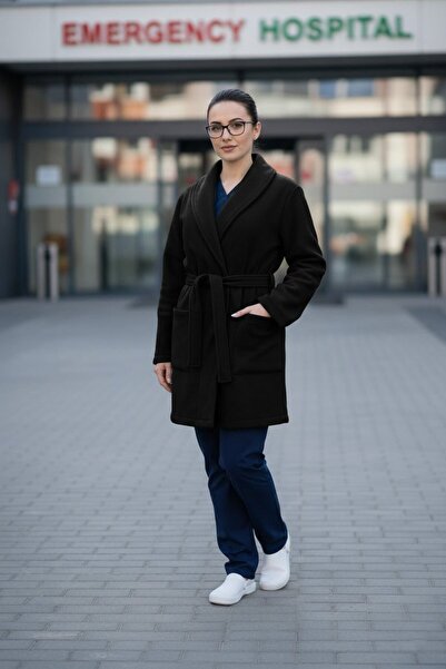 DEMOTEKS Unisex medical sweatshirt gown with pockets and drawstring at the waist, black color