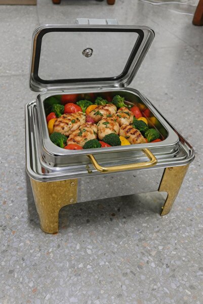 ALMASA Square hydraulic buffet heater, 6-liter opening, silver and gold combi...